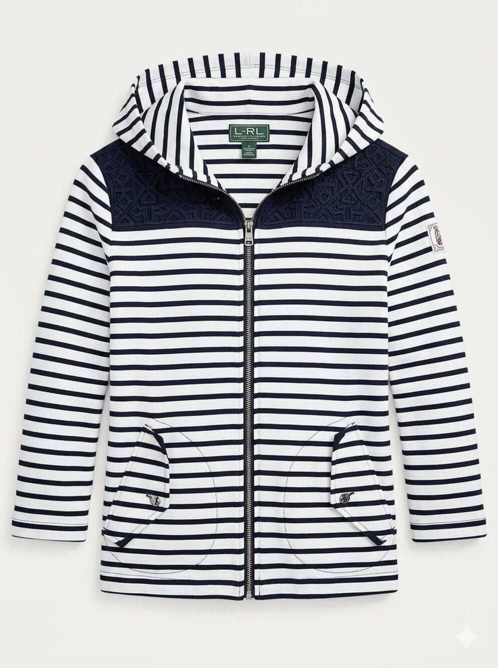 🔹️Ralph Lauren Active White & Blue Stripe Zipper Front Lace Yoke Hoodie Jacket